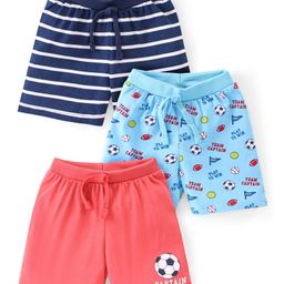 Babyhug Cotton Single Jersey Knit Shorts Stripes & Football Print Pack Of 3 - Blue & Red-image-86