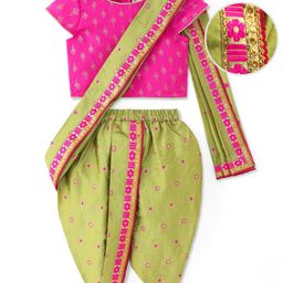 Earthy Touch Woven  Nauvari Saree with Half Sleeves Blouse - Pink & Green-image-85