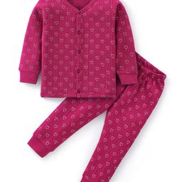 Babyhug Full Sleeves Front Open Heart Print Thermal Vest & Pant - Wine-image-86