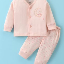 Pink Rabbit Single Jersey KnitFront OpenFull Sleeves Night Suit with Bear & Star Print -Light Peach-image-53