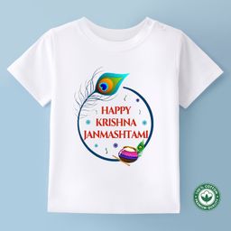 BLUSHES Janmashtami Theme 100% Cotton Half Sleeves Happy Krishna Janmashtami Text Printed Tee - White-image-94