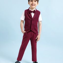 Babyhug Woven Full Sleeves Solid Colour 3 Piece Party Suit with Bow - Maroon & White-picture-18