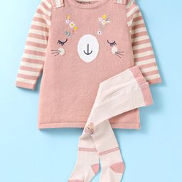 ToffyHouse 100% Cotton Knit Full Sleeves Striped Winter Wear Top & Stockings with Deer Design - Dark Peach-image-10