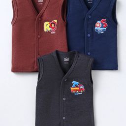 Simply Cotton Knit Sleeveless Front Open Vests AnimalPrint Pack of 3 - Brown Navy Blue & Black-image-91