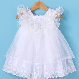 Babyhug Woven Sleeveless Fit & Flared Party Frock with Floral Embroidery & Ruffle Detailing -White-image-76