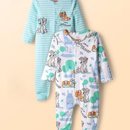 Babyhug Disney Cotton Knit Full Sleeves Footed Sleep Suits with Lady and The Tramp Graphics Pack of 2 - Light Blue & White-picture-29