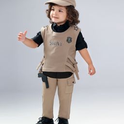 BAD BOYS Premium Cotton Terry Knitted Full Sleeves Solid Shirt With Patch Detailed Vest Tee Pant Cap & Toy Gun Set - Khaki-picture-19