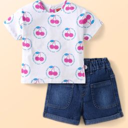 Babyhug Terry Knit Half Sleeves T-Shirt & Shorts Set With Cherry Print - White & Navy Blue-image-61