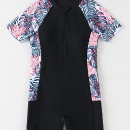 Pine Kids Half Sleeves Legged Swimsuit Leaf Print - Black-image-101
