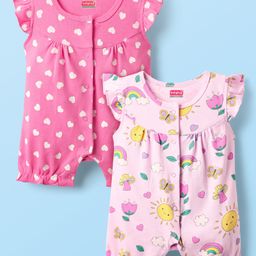 Babyhug 100% Cotton Knit Frill Sleeves Romper with Heart & Floral Print Pack of 2 - Pink & Dark Pink-image-62