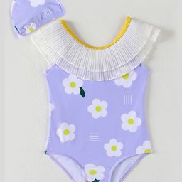 Mark & Mia Sleeveless V Cut Swimsuit & Cap with Floral Print & Frill - Light Blue-image-13
