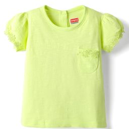 Babyhug Cotton Knit Half Puffed Sleeves T-Shirt with Floral Embroidery - Limegreen-picture-26
