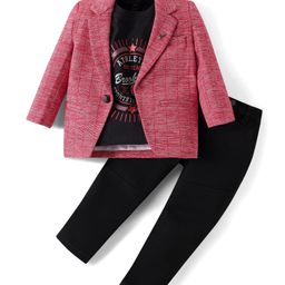 Dapper Dudes Brooklyn Text Printed Tee & Pant With Full Sleeves Textured Blazer Set - Red-image-5