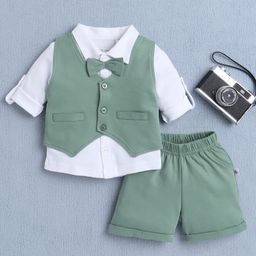 BUMZEE Cotton Knit Full Sleeves Solid Color 3 Piece Party Suit with Bow Applique - White & Green-image-104