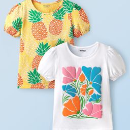 Honeyhap Premium 100% Cotton Knit Half Puffed Sleeves Bio Finish T-Shirts with Floral & Pineapple Print Pack of 2 - Bright White & Beach Ball-image-84