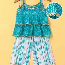 Ridokidz Sleeveless Bandhani Printed & Gota Lace Embellished Top With Palazzo Set - Sea Green-image-62