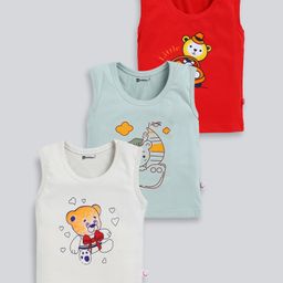 MOONKIDS Cotton Knit Pack Of 3 Sleeveless Baby Animals & Car Printed Vests - Olive Green Red & Beige-image-53