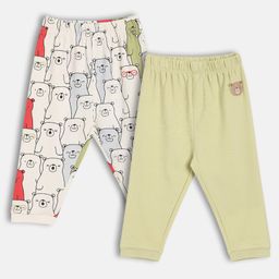 MINI KLUB Cotton Knit Pack Of 2 Teddy Bear Printed Pants - White & Beige-image-100