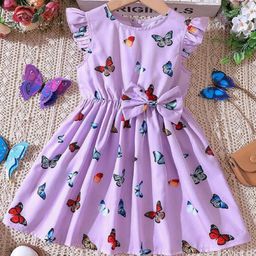 Bolly Lounge Cotton Blend Woven Frill Sleeves Butterfly Printed Bow Applique Detailed Dress - Purple-image-59
