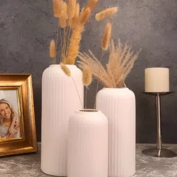 Kreative Arts Set Of 3 White Ribbed Ceramic Flower Vases-picture-30