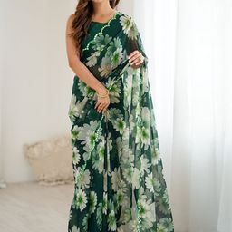 Mitera Floral Printed Mirror Work Block Print Saree-picture-43