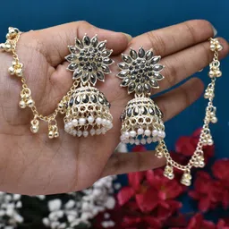 MEIRA JEWELLERY Silver-Plated Artificial Studded & Beaded Oxidised Dome Shaped Jhumkas-image-49