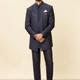 Twamev Men Dark Blue Viscose Embroidery Sequin Work Indo Western Sherwani Set-image-55