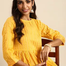 Sangria Women Yellow Striped Pure Cotton Ethnic Dress-image-41