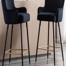 Doe Buck black Velvet Bar Chairs with Armrests High Bar Stools with Gold Accents-image-81
