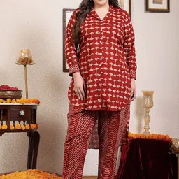 Sringam Printed Lapel Collar Long Sleeves Pure Cotton Top With Trouser-image-18