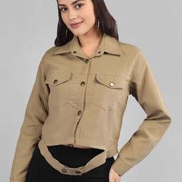 The Roadster Lifestyle Co. Khaki Spread Collar Crop Corduroy Tailored Jacket-image-3