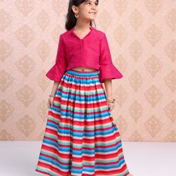 Babyhug Three Fourth Sleeves Woven Solid Ethnic Top & Striped Skirt Set - Multicolor-image-74