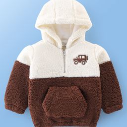 Babyoye 100% Cotton Solid Dyed Full Sleeves Hooded Sweater with Cut & Sew Design - Brown & White-image-100