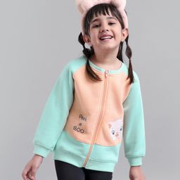 Babyoye Cotton Blend Eco Conscious Full Sleeves Sweat Jacket Kitty Print- Peach & Green-image-5