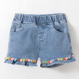Kookie Kids Mid Thigh Length Washed Denim Shorts with Floral Applique - Blue-picture-49