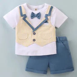 ToffyHouse 100% Cotton Woven Half Sleeves T-Shirt with Attached Waist Coat and Shorts Striped- Lemon Yellow-picture-39