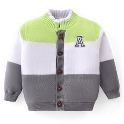 Babyhug Knitted Full Sleeves Front Open Sweater with Alphabet Embroidery & Colour Block Design - Lime & Grey-picture-12