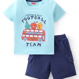 Babyhug Cotton Knit Half Sleeves  T-Shirt & Shorts Set With Bus Patch & Text Print - Blue-image-63