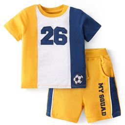 Babyhug Cotton Knit Half Sleeves Color Block T-Shirt & Shorts Set With Number Embroidery - Yellow White & Navy-image-65
