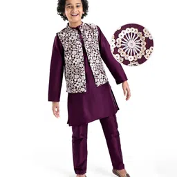 Pine Kids Woven Full Sleeves Kurta Pyjama Set with Sequined Embroidered Nehru Jacket - Wine-picture-38