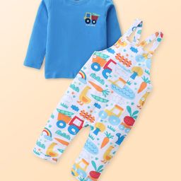 Babyhug Single Jersey Knit Dungaree and Full Sleeves Solid Color T-Shirt Set Garden Theme Print - Blue & White-image-86