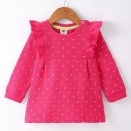 Zero Sinker Knit Full Sleeves Hearts Printed Frock With Frill Detailing - Dark Pink-image-9