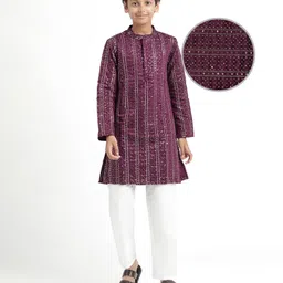 Pine Kids Woven Full Sleeves Sequin Embroidered Kurta Pyjama Set - Wine-picture-19