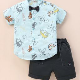 Dapper Dudes Half Sleeves Helicopter Printed Shirt With Bow & Shorts - Sky Blue-image-61