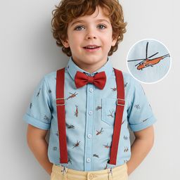 Babyhug Woven Full Sleeves Aeroplane Printed Party Shirt with Bow & Suspender - Light Blue-image-94