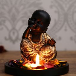eCraftIndia Decorative Smiling Golden Monk Buddha with Wooden Base, Fragranced Petals and Tealight-image-39