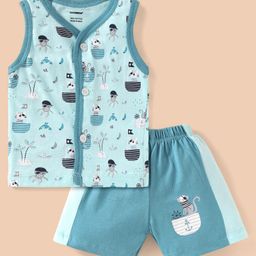 CUCUMBER Sinker Knit Sleeveless Sea Life Theme Printed Shorts Night Suit - Light Blue-picture-3