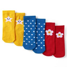Cute Walk by Babyhug Knit Ankle Length Antibacterial Socks with Star Polka Dots & Floral Design Pack of 3 - Yellow Blue & Red-image-1