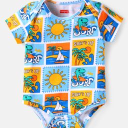 Babyhug Interlock Knit Full Sleeves Onesie With Dino & Beach Theme Print - Light Blue-image-4
