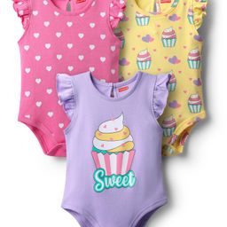 Babyhug 100% Cotton Knit Frill Sleeves Cupcake & Polka Dot Printed Onesies Pack of 3- Lilac Yellow & Dark Pink-image-39